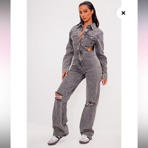 Pretty Little Thing Petite Black Denim Cut Out Jumpsuit